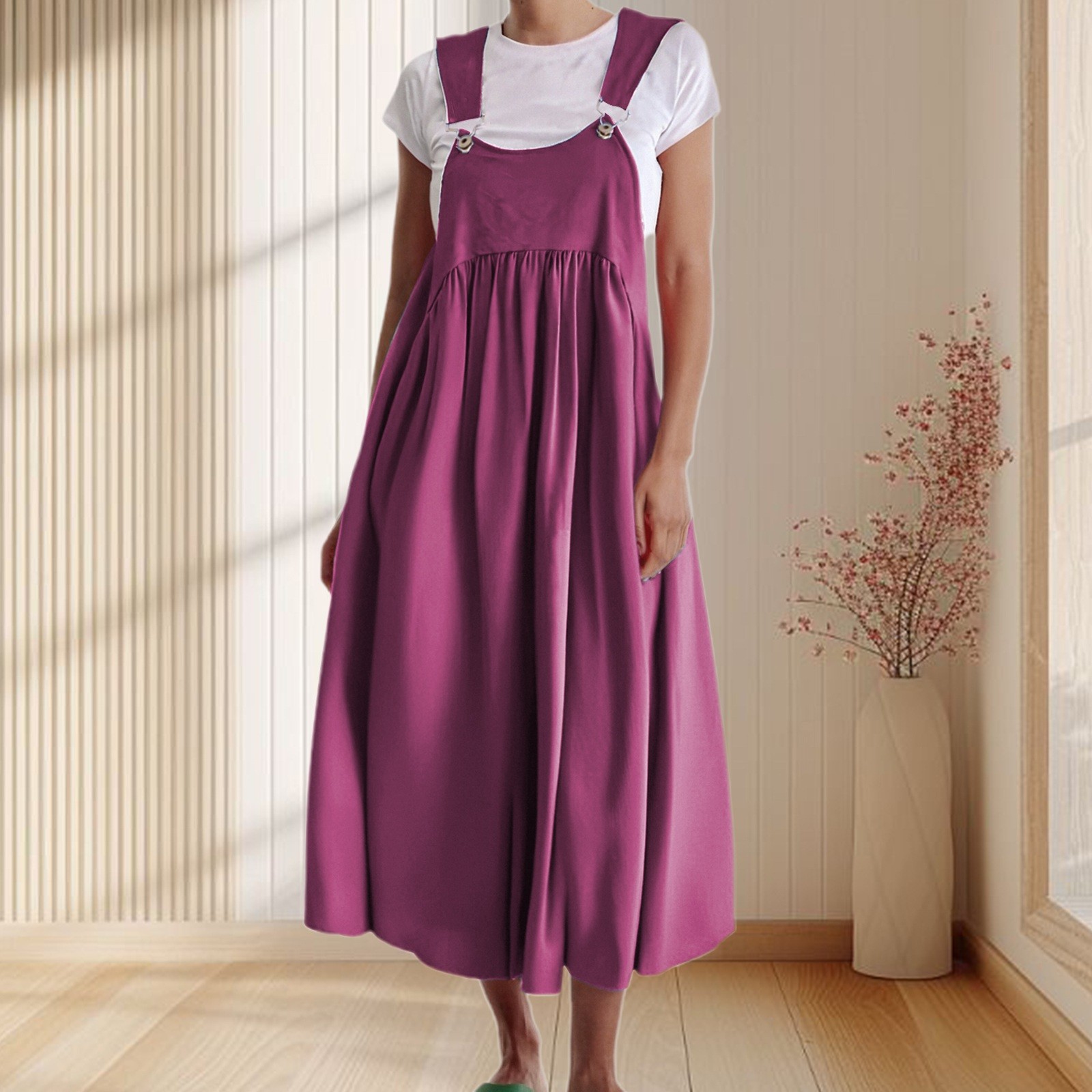 thumbnail image 2 of Vestido de lino para mujer para primavera/verano: tirantes ajustables, informal/para la playa, lavable a máquina, corte holgado, tejido de lino., 2 of 4